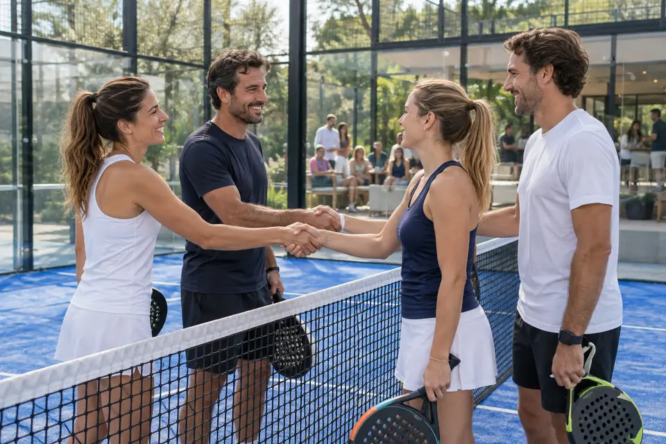 Illustrative Szene, in der sich Spieler nach einem Padel-Freundschaftsspiel treffen